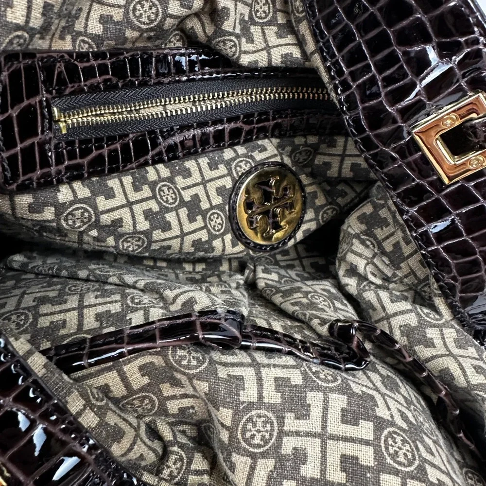 Tory Burch Espresso Suede Croc Embossed Satchel Shoulder Tote Bag Large Preowned
